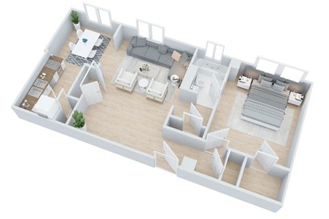 Floor plan for 1 bed, 1 bath, 750 sqft